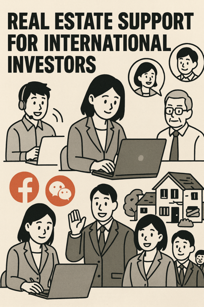 Serviços de suporte imobiliário para investidores estrangeiros (SNS em inglês ou chinês, interpretação, assistência de vendas)