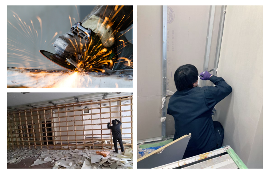 Equipe de desmontagem de interiores associada a trabalhos de remodelação