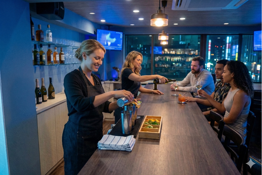 [Alto salário por hora! /Inexperiente OK! /Funcionários estrangeiros que falam inglês são bem-vindos] Vamos trabalhar em um bar!