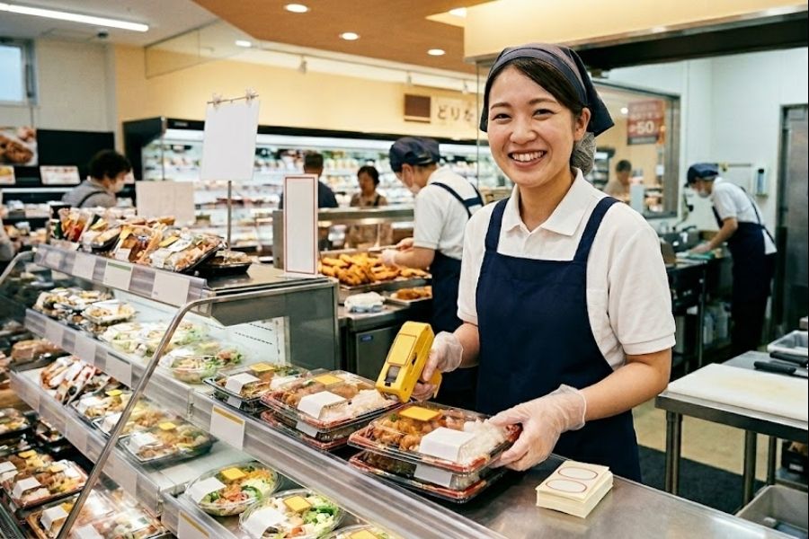Equipe da Delicatessen (culinária, entrega de produtos, colocação de adesivos de desconto)