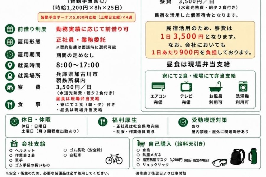 Thu nhập hàng tháng từ 260.000 yên trở lên/tuyển dụng nhân viên vệ sinh nhà máy thép