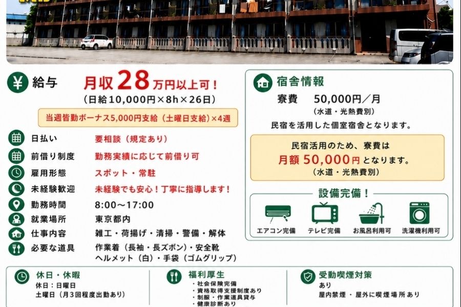 [Tokyo] Tuyển dụng nhân viên công việc/dỡ bảo/dọn dạch/an ninh/tháo dỡ