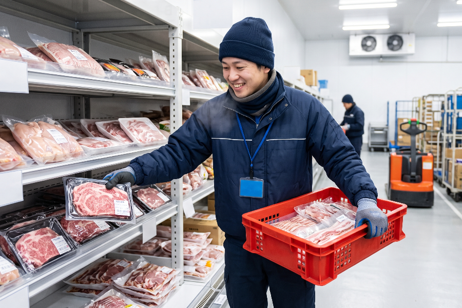 Equipe de trabalho leve em um armazém refrigerado | Minato-ku, Tóquio