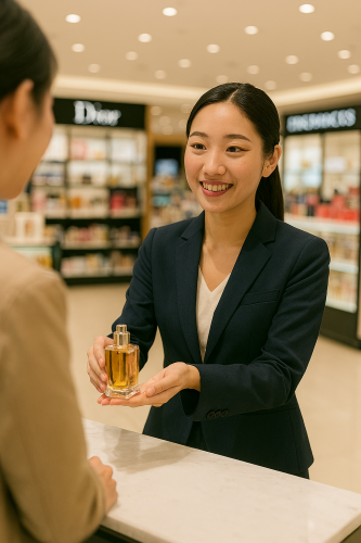 Equipe de atendimento ao cliente e interpretação em lojas francas que se concentram em habilidades linguísticas que trabalham usando chinês e japonês @Nagoya